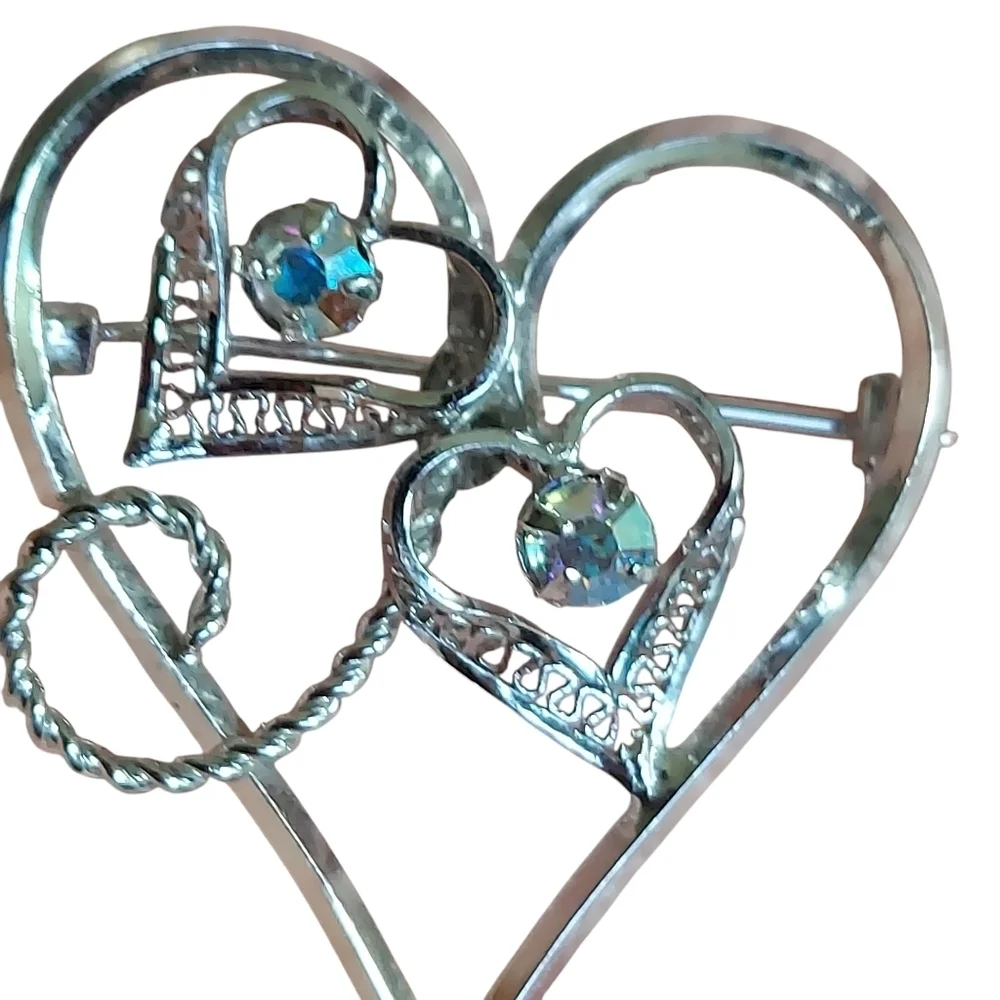 Vintage Sterling Silver Aurora Borealis Filigree Heart Brooch Pin